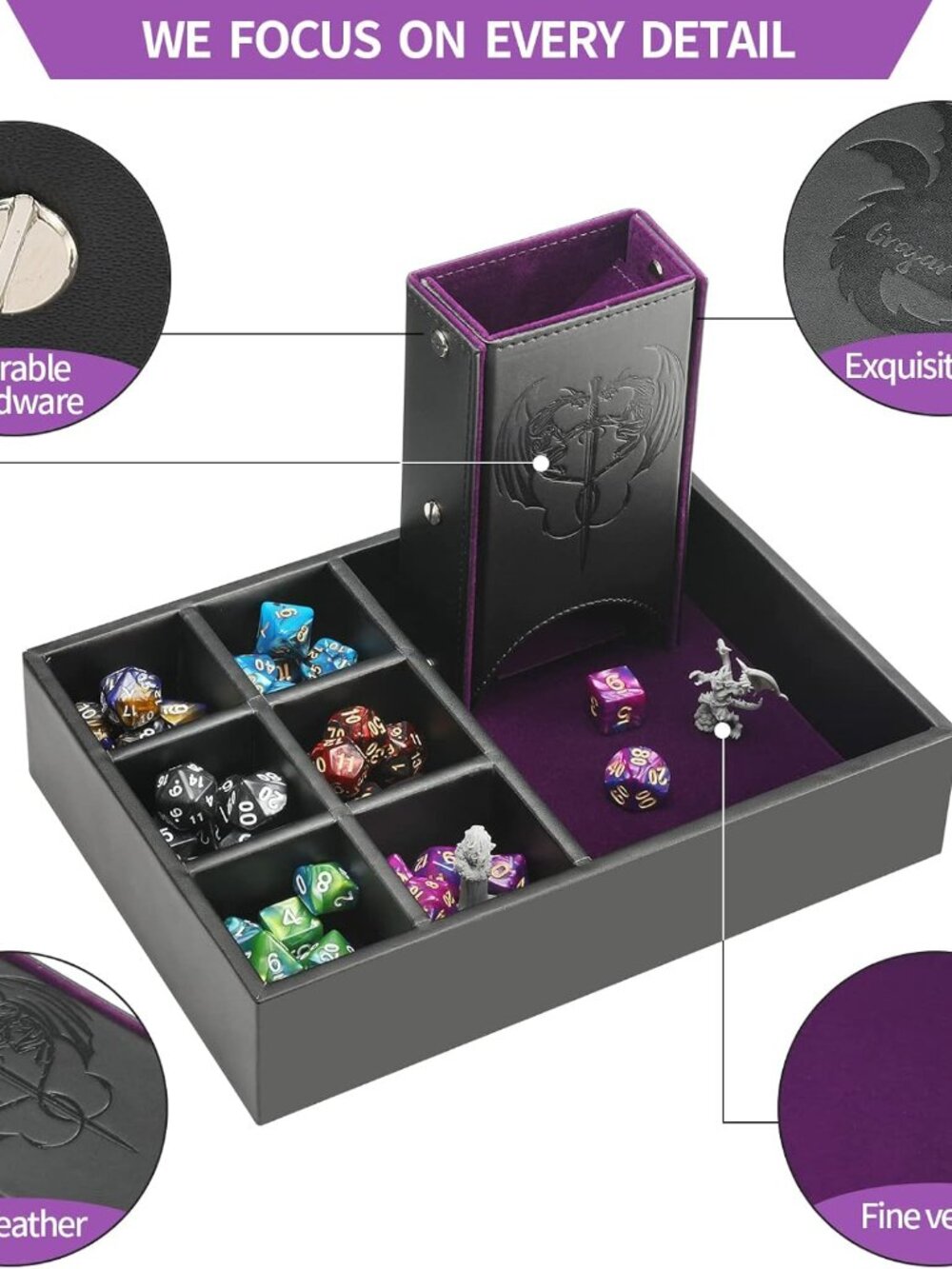 DND Dice Tray and Dice Tower with Storage, 3 in 1 Dice Rolling Tray with Lid, Po - Picture 6 of 7